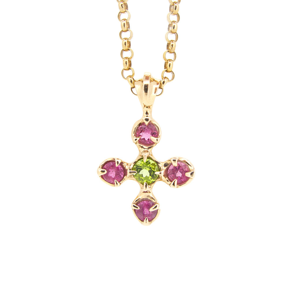 Stone Cross Pendant with Peridot and Pink Tourmalines in 9ct Ina Gold