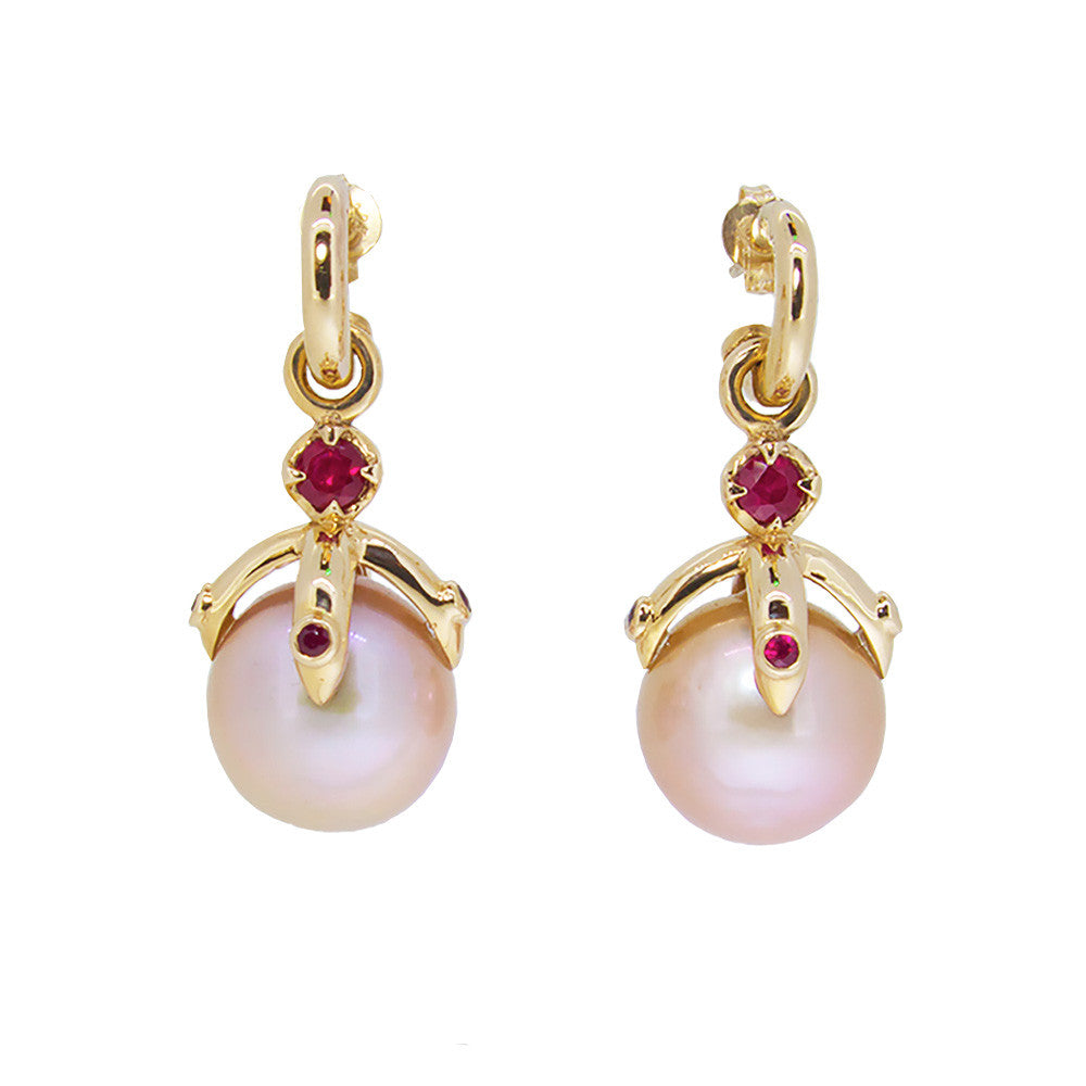 Orb Earring Drop pair/pink freshwater pearls and Rubyie in 9ct Ina Gold