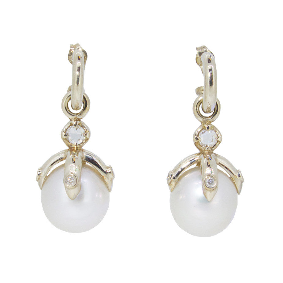 Orb Earring Drop Pair with White South Sea Pearls and Diamonds in 9ct White Gold