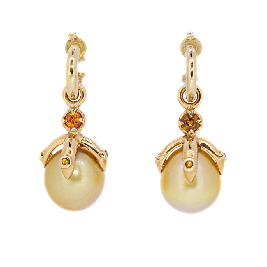 Orb Earring pair with gold South Sea pearls, sapphires and spessatite garnet, in 9ct Ina Gold