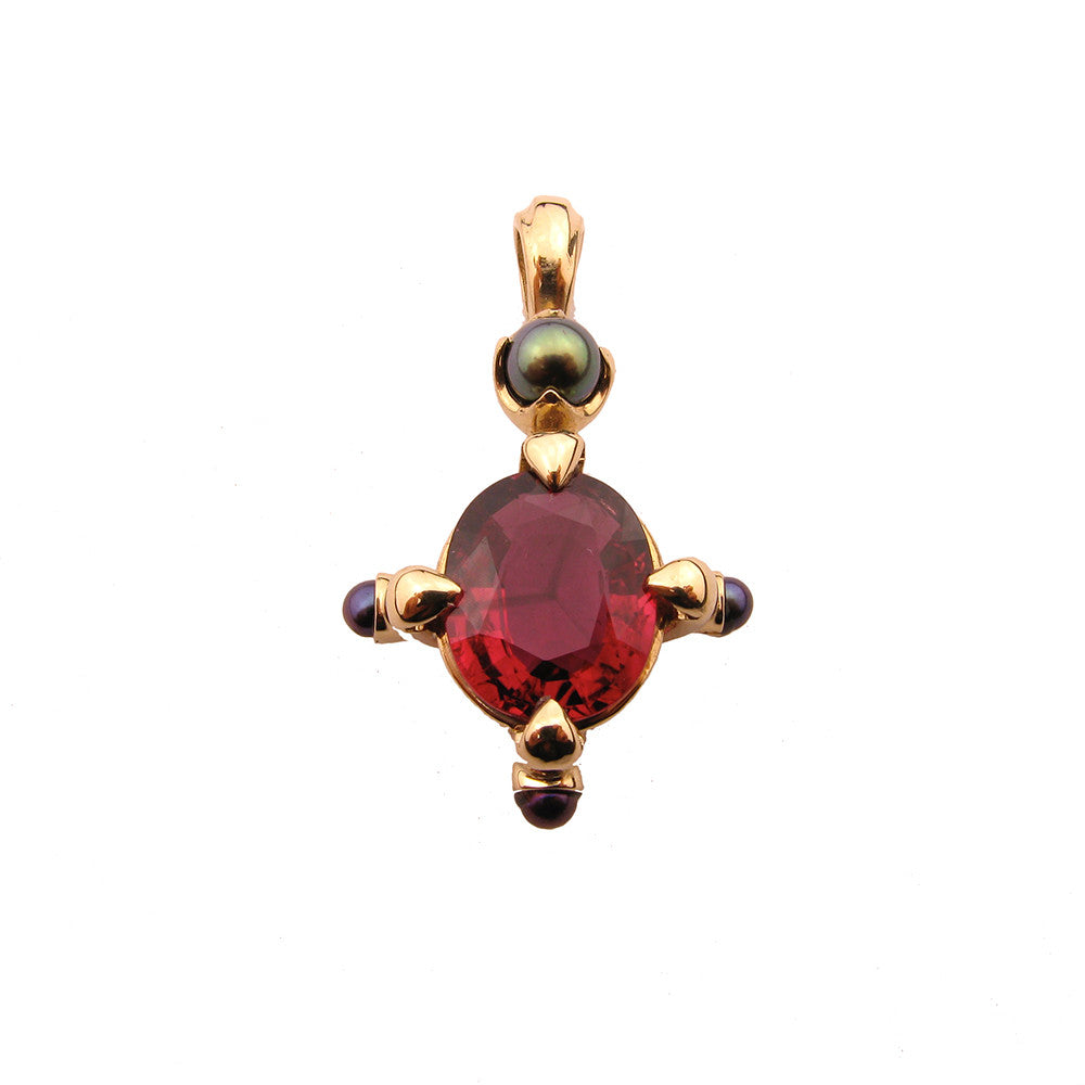 Queen Obelia Pendant with Pink Tourmaline & Black Pearl in 9ct Ina Gold