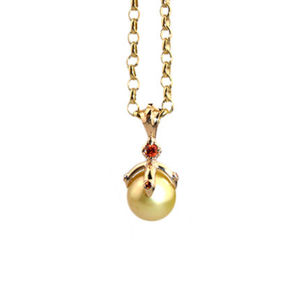 Small Orb Pendant with Gold South Sea pearl, Sapphire and Spessatite Garnets in 9ct Ina Gold